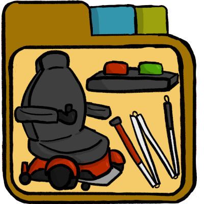 a yellow file folder with a black and red powerchair, a simple yes-no switch for AAC with a red and a green button, and a folded white cane